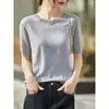 Camiseta de punto fino de manga corta transfronteriza para mujer, nuevo estilo primavera y otoño, cuello redondo, corte holgado, longitud corta, color liso, camiseta básica, top, manga corta