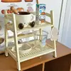 Estante de Almacenamiento de Escritorio de Doble Capa de Ratán Color Crema Estilo Vintage Portavasos Organizador para Dormitorio Habitación Oficina Cocina