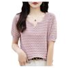 Verão malha manga curta gola baixa cor sólida algodão e linho camiseta feminina gola redonda pulôver colete gouhua feminino comércio exterior atacado