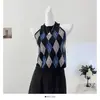 Chaleco de Punto Coreano con Diseño de Diamantes en Contraste, de Cuello Halter, Hombros Descubiertos, sin Mangas para Mujer 2025, Top Adelgazante para Mujer