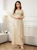 607W-0 Transfronterizo Europeo y Americano Tallas Grandes Nueva Moda Temperamento Elegante Color Sólido Lentejuelas Manga Larga Cuello en V Adelgazante Vestido de Banquete