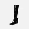 Botas largas negras para mujer, nuevo modelo verano 2026, botas de jinete de caña alta con punta cuadrada, botas largas de charol hasta la rodilla con tacón grueso alto