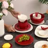Conjunto de Pratos com Pontos de Contas em Relevo Pratos e Louças de Cerâmica Vermelha Atacado Tigelas de Arroz Domésticas Tigelas de Sopa Pratos e Louças de Alto Valor
