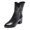 Botas de tacón grueso a media pantorrilla, otoño e invierno 2023, Zapatos de algodón acolchado con forro polar para mujer, Botines de tacón medio con punta, Zapatos de piel auténtica de otoño