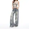 Yechuan # Jeans de Pierna Ancha Estilo Americano Retro Azul para Mujer, Nuevo Estilo de Verano, Patrón Desgastado, Pantalones Acampanados Sueltos.