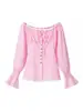 Conjunto de Duas Peças: Top Bandeau Renda Francesa Patchwork Ombro a Ombro Manga Sino Moda Verão Feminina Shorts Cropped Cintura Elástica