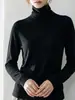 ¡Estilo básico! Suéter de punto 100% lana con cuello alto de encaje sin costuras para mujer, manga larga, jersey, para usar en capas, capa base, suéter