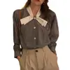 Camisa de Manga Larga a Cuadros Pequeños con Lazo en Contraste, Estilo Coreano Simple Dulce Francés, Nueva Colección Primavera y Otoño 2026 para Mujer