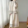 Conjunto de Dos Piezas de Falda Larga de Punto Jacquard Hueco con Cuello Redondo Engrosado de Lana Pura Vintage para Mujer Otoño e Invierno