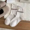 Meias de Cano Médio Série Cor Café Melanoide Femininas Outono Inverno Novo Estilo Celebridade da Internet Versão Coreana Tecido Listrado Etiqueta de Tecido Meias Longas de Bolinhas Xadrez