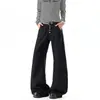 Pantalones acampanados negros de estilo americano con botones laterales para hombre, corte holgado, hasta el suelo, pierna ancha, corte recto, en stock para compra al por mayor