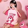 Pijamas de verano para niñas con diseño de oso de fresa y dibujos animados, de algodón puro, de manga corta, para salir a la calle, para niños de talla mediana y grande, para el hogar.