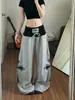 Calça de moletom casual com bordado ponto cruz estilo de rua americano, color block, para mulheres, verão, solta, modeladora, versátil, perna larga, longa