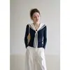 Camiseta Feminina Manga Longa Azul Marinho com Laço no Pescoço Estilo Forever College, Top Outono Slim Fit