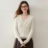 Suéter de Cachemira Estilo Francés para Mujer Cuello en V Suave Cálido Manga Larga Tejido de Cable Jacquard Top Capa Base de Punto