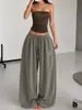 Calça larga estilo retro americano para mulheres, adequada para primavera e outono, com cordão, tecido fluido, estilo casual, corte solto, perfeita para dança de jazz, e design de comprimento total