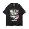 Camiseta de Manga Corta Casual Holgada Oversize Geométrica Retro Lavado Americano Desgastado Camiseta de Manga Corta Manga Larga