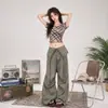 Pantalones Cargo con Puño y Botones para Mujer Petite (150), Pantalones de Paracaidista de Longitud al Suelo Retro Americano de Primavera, Pantalones Casuales de Pierna Ancha de Cintura Alta