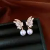 Pendientes de Plata con Baño de Oro Real de 18K, Aguja de Plata, Circonita de Alta Calidad, Perla Mariposa, Pendientes Dulces y Elegantes, Pendientes de Lujo Ligero Francés