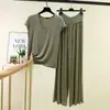Conjunto de pijama de toque fresco para primavera e verão, camiseta redonda plus size e calça pantalona de duas peças, conjunto de casa feminino em modal adequado para sair