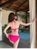 Traje de Baño Bikini Rosa Rojo Dos Piezas para Vacaciones en la Playa para Mujeres con Aros, Push-Up para Bustos Grandes y Pequeños, Sexy Traje de Baño de Tres Puntos