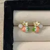 Pendientes de Esmalte de Gota de Aceite Franceses Coloridos de Primavera y Verano Estilo Suave Ins Nicho Flor Fresa Pendientes de Circonita Agujas de Plata para Mujer