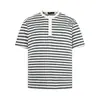 Camiseta Henley Listrada Patchwork Estilo Retrô Americano de Manga Curta para Homens e Mulheres, Top Casual Solto de Verão de Alta Qualidade para Trabalho