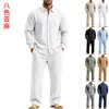 Conjunto de camisa de manga larga y pantalones casuales de lino para hombre, estilo americano, para otoño, corte holgado, simple, para casa, para ir al trabajo, para vacaciones