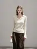 Nova Malha Feminina Temperamento Gola POLO Slim Simples Top com Mangas Sino 5955