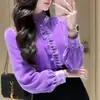 Otoño/Invierno 2026 Nuevo Diseño Único Estilo de Nicho para los Sofisticados y Sutiles: Blusa morada con cuello alto fruncido para mujer