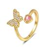 Anillo de Mariposa Nicho de Diamante Rosa de Venta Caliente Transfronterizo para Mujer, Exquisito y Versátil Anillo Abierto de Zirconia Incrustado de Diamantes, Estilo Europeo y Americano, Venta al por Mayor