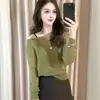 Atmosfera de Início de Outono Estilo Coreano Conjunto Verde Irregular Francês Manga Longa Ombro Único Tricô Feminino Solto Sem Ombros
