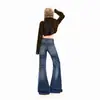 Calça jeans flare vintage, cintura baixa, desgastada, com caimento relaxado, calça azul vintage comprida, comprimento estendido, com acabamento em pele de coelho