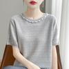 2025 Nuevo Verano para Mujer Diseño de Nicho con Cortes Cuello Redondo con Perlas Versátil Suave Lyocell Tencel Camiseta Mangas Cortas