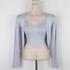 Moda Feminina de Dongdaemun, Coreia: Novo Top Regata Cardigã Elegante de Modal Fino Semi-Transparente Slim-Fit com Decote U
