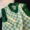 Primavera y Verano Nuevo Chaleco Tejido para Mujer a Cuadros con Cuello en V Top Estilo Holgazán Suéter Chaqueta Superpuesta