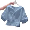 Camisa de Manga Corta con Solapa Verde Reductora de Edad Dopamina para Mujer 2025 Verano Nuevo Estilo Petite Dulce Estilo Corto