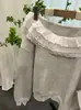 Sudadera Azul Marino de Hombros Descubiertos Estilo Coreano de Moda para Mujer, Nuevo Top de Manga Larga con Ribete de Encaje Nicho Otoño 2025