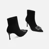 Botas elásticas Nuevas Punta fina Negras Ajustadas Gamuza Pedrería Otoño e Invierno Tacón de aguja Botas cortas de tacón alto con felpa para mujer Otoño e Invierno
