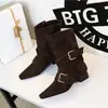 9625-1 Botas Western Jeans Estilo Retrô Bico Quadrado Fivela de Cinto Salto Grosso Versátil Camurça Botas Individuais Botas Curtas Meio da Panturrilha Botas Femininas