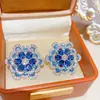 Pendientes de Botón Florales Tridimensionales con Gradiente de Piedras Preciosas Azules Estilo Retro de Corte Europeo y Americano para Mujer, Pendientes de Zirconia con Aguja de Plata S925