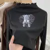 Camisa Base de Veludo com Babados para Meninas Outono e Inverno 2025 Novo Estilo para Crianças Maiores, Camiseta de Manga Longa com Gola Meia-Alta de Renda para Inverno