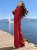 Elegante conjunto esportivo casual vermelho para mulheres, moderno e simples, com moletom forrado de fleece e calça de moletom, conjunto de duas peças para primavera, outono e inverno