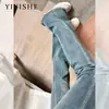 Jeans de Cintura Alta con Borde de Piel Micro-Rayados para Mujer 2024 Nuevo Otoño Cintura Alta Ajustados Adelgazantes Pantalones de Boca de Campana Pequeña