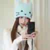 Chapéu de tricô fofo e doce bordado com orelhas de gato para mulheres, adequado para outono e inverno, com circunferência de cabeça grande, proporcionando calor e proteção contra o frio