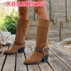 Exportación Transfronteriza Europeo y Americano Retro Otoño e Invierno Nuevas Botas de Cuero para Mujer con Hebilla de Cinturón de Tacón Alto Hechas y Listas Botas Vaqueras del Oeste de Media Caña