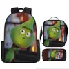 Monstruo de Pelo Verde Grinch Transfronterizo Nueva Mochila Escolar Mochila de Dibujos Animados Set de Tres Piezas Bolso Estuche para Lápices