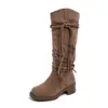 Nuevas botas de caballero con flecos estilo páramo retro 2026, tacón grueso, hasta la rodilla, efecto adelgazante, botas de media pantorrilla para mujer