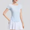 Camiseta de Yoga Lisa de Gola Redonda Ajustada Manga Curta Feminina Europeia e Americana Esportiva Outdoor Corrida Alta Elasticidade Fitness Tops Venda por Atacado