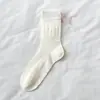 Meias Finas Femininas para Primavera e Verão com Laço no Calcanhar, Design de Coração Vazado, Renda Doce, Cor Sólida, Meias Franzidas, Sem Costura